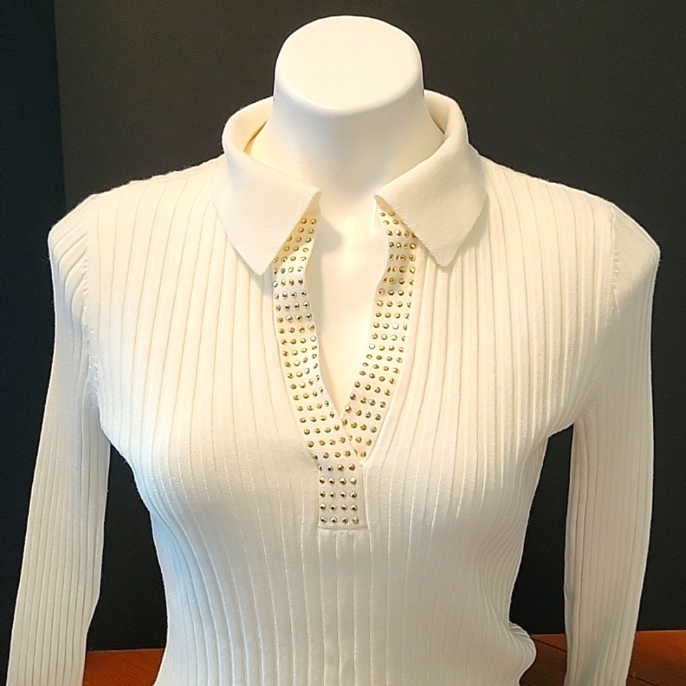 Cache Cream Sweater w/ Gold Studded Embellishments Size Medium